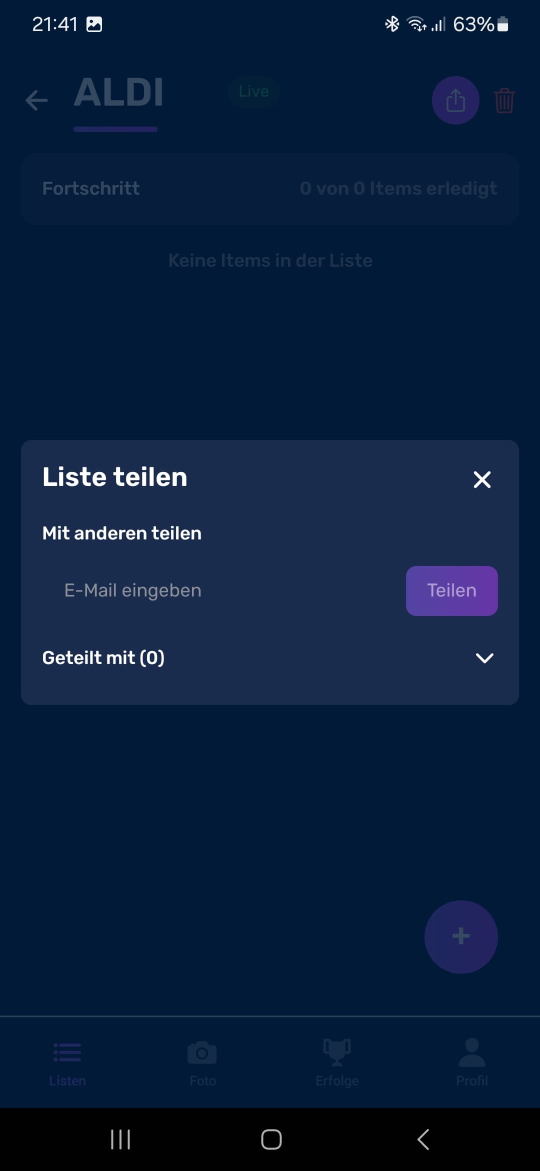 Screenshot: Listen teilen